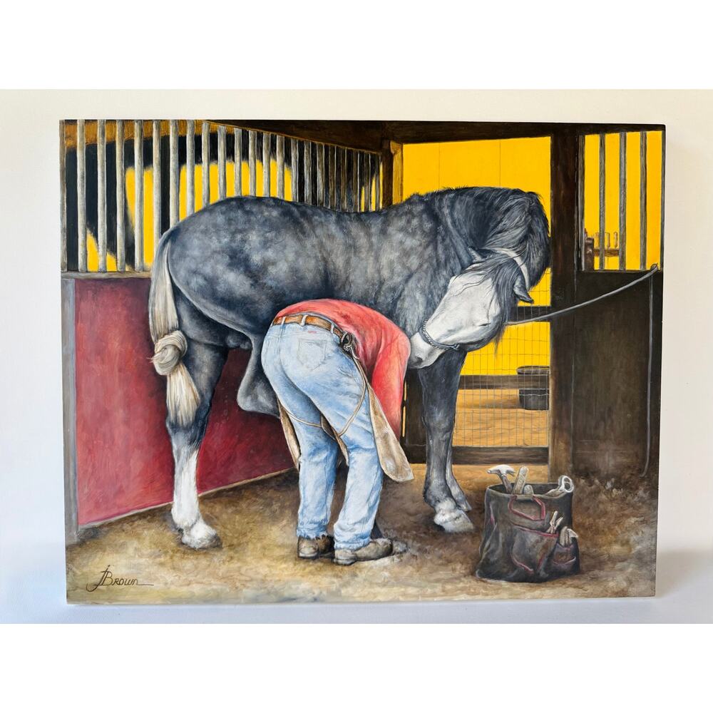 Original Oil Painting of Irish Draught Horse in Stable by Jan Gordon Brown, 2014